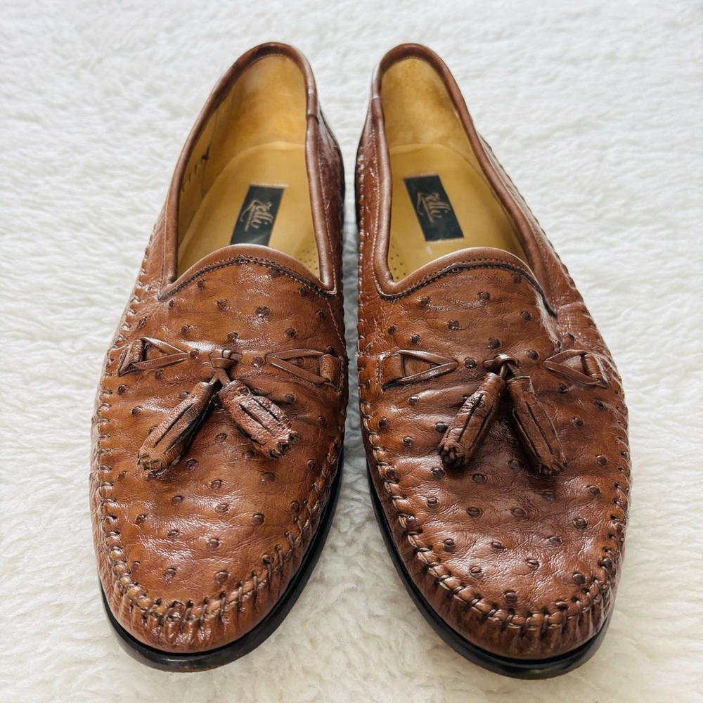 Zelli Genuine Ostrich Leather Brown Tassel Loafers size 11 M